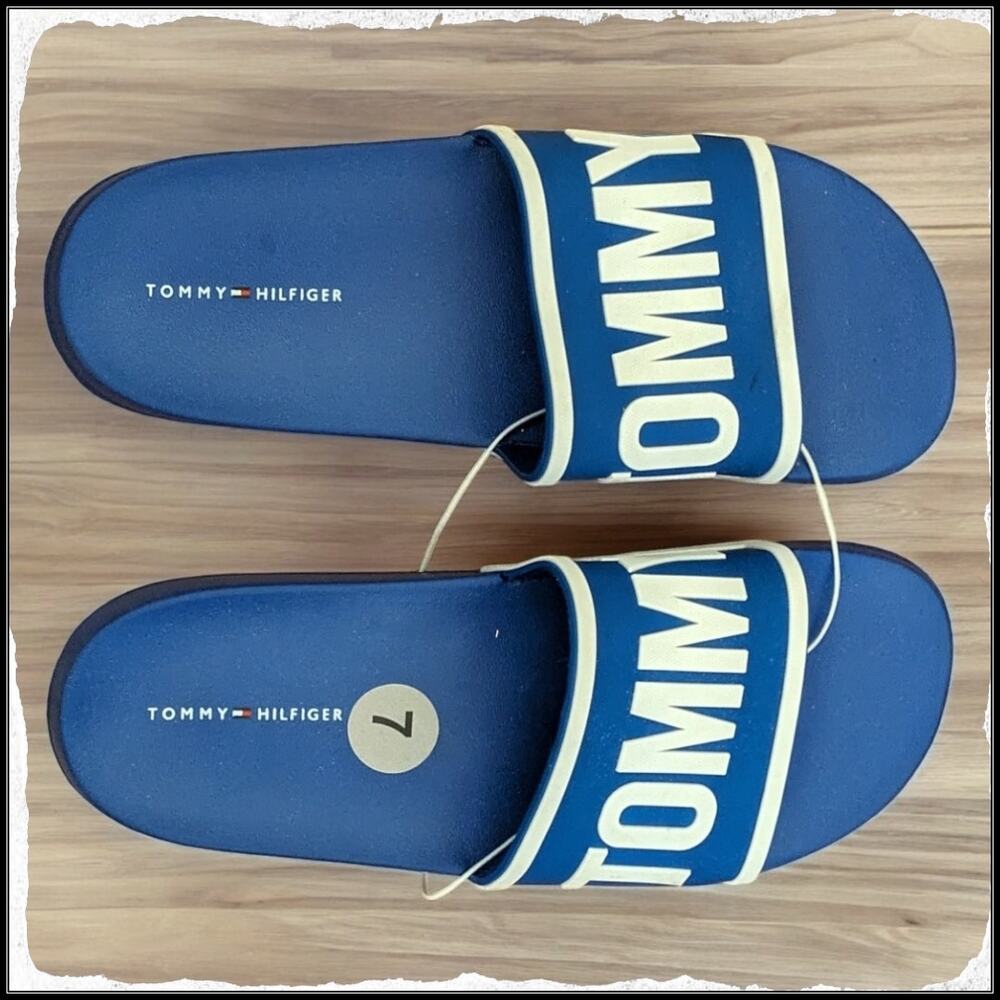 New Tommy Hilfiger Slides Slip On Sandals Blue and White Women's Size 7